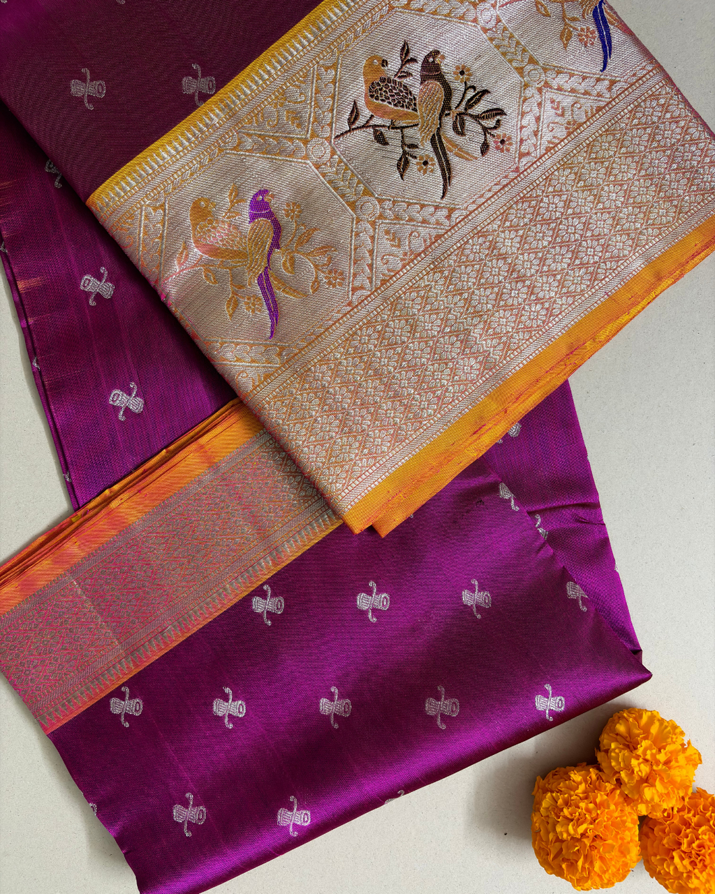 The Magenta Parrot Medallion | Pure Handloom Silk Saree