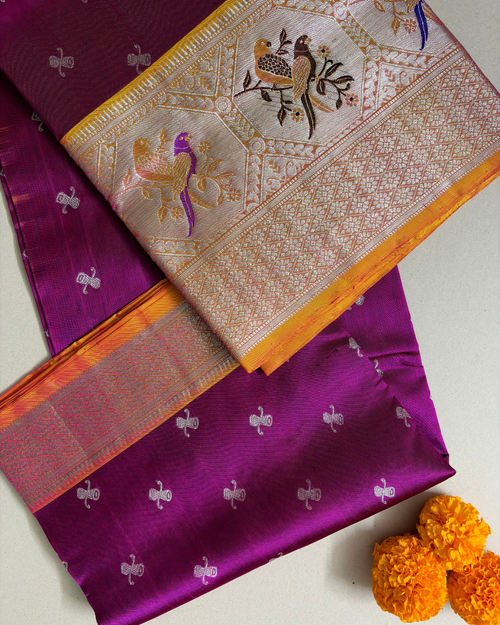 The Magenta Parrot Medallion | Pure Handloom Silk Saree