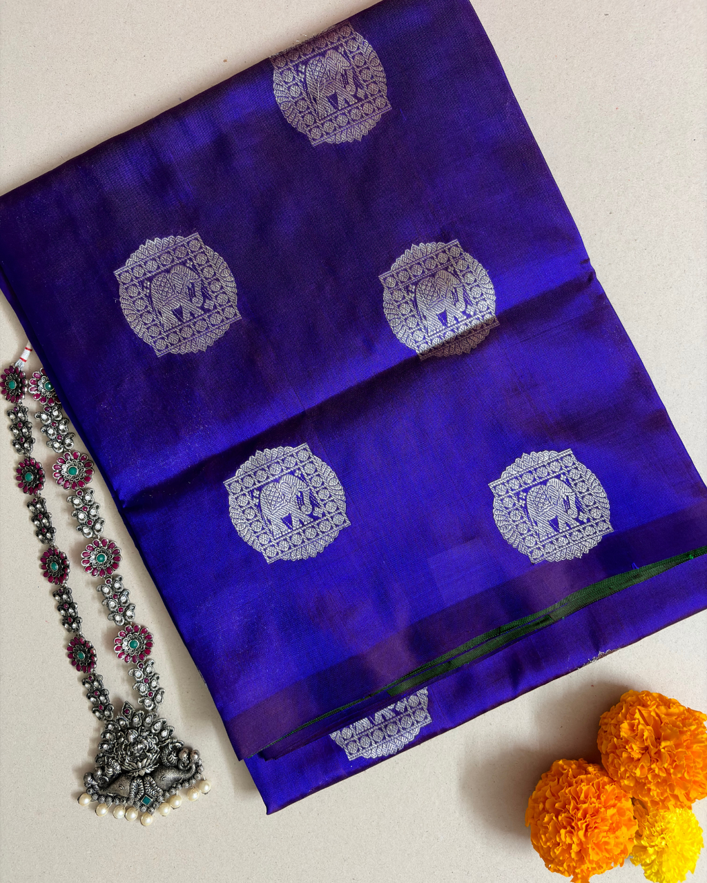 The Royal Blue Elephant Medallion | Pure Handloom Silk