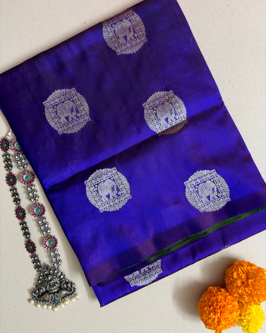The Royal Blue Elephant Medallion | Pure Handloom Silk
