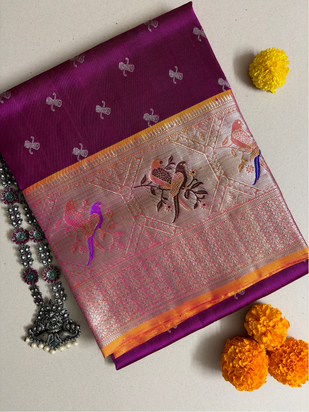 The Magenta Parrot Medallion | Pure Handloom Silk Saree